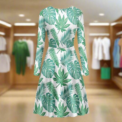 Palm and Monstera Leaf Green Pattern Women Scoop Neck Long Sleeve Ruffle Dress