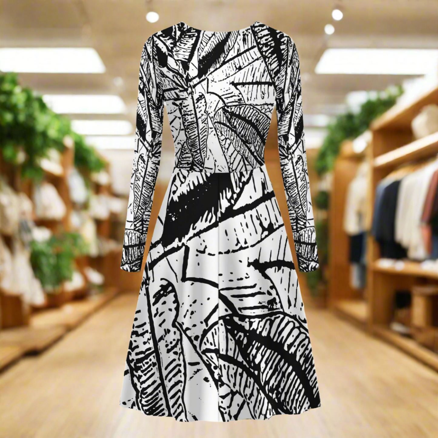 Black and White Croton Women Scoop Neck Long Sleeve Ruffle Dress