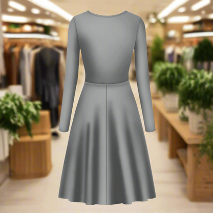 Silver Gray Women Scoop Neck Long Sleeve Ruffle Dress