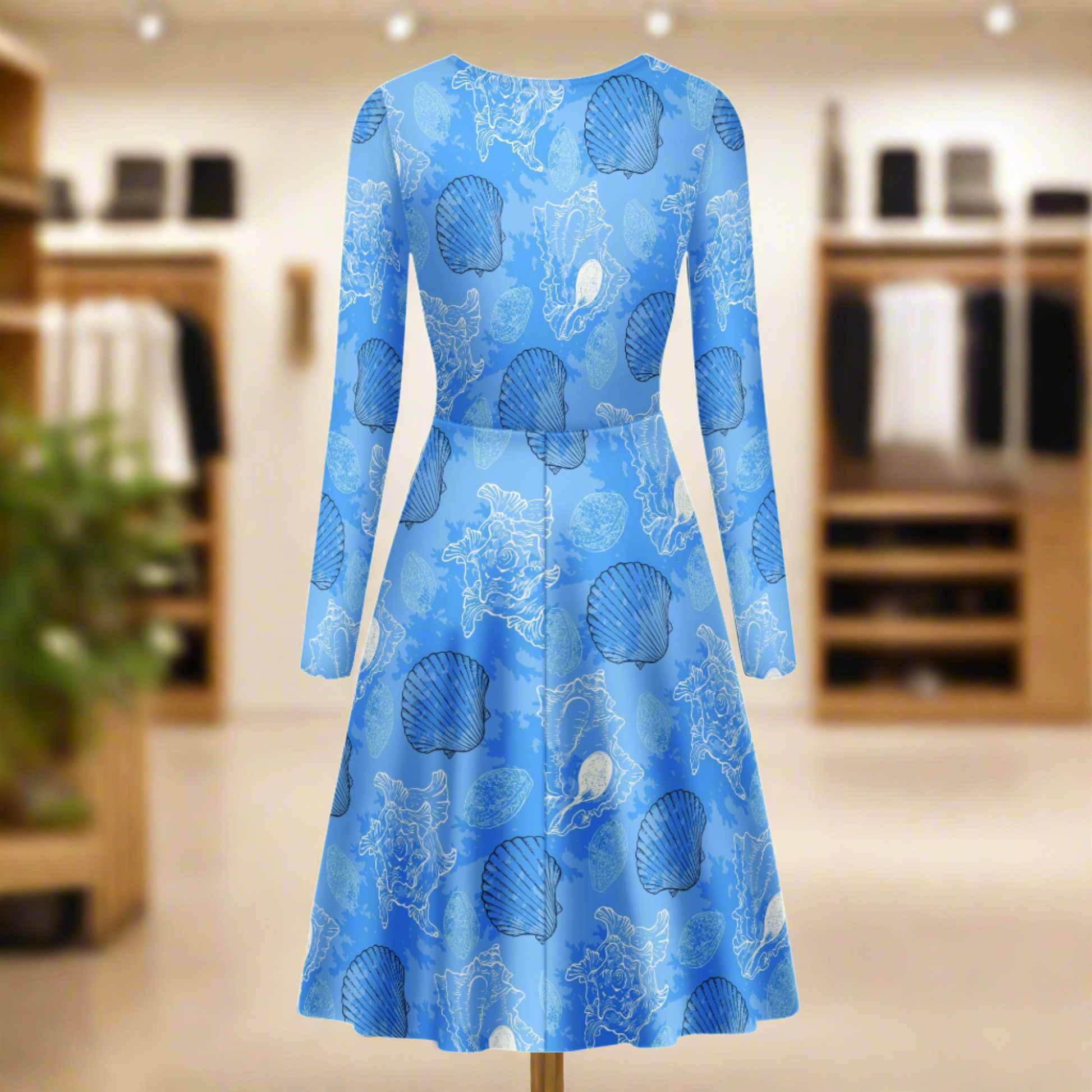 Blue Seashell Ocean Women Scoop Neck Long Sleeve Ruffle Dress