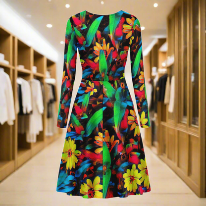 Colorful Daisies Women Scoop Neck Long Sleeve Ruffle Dress