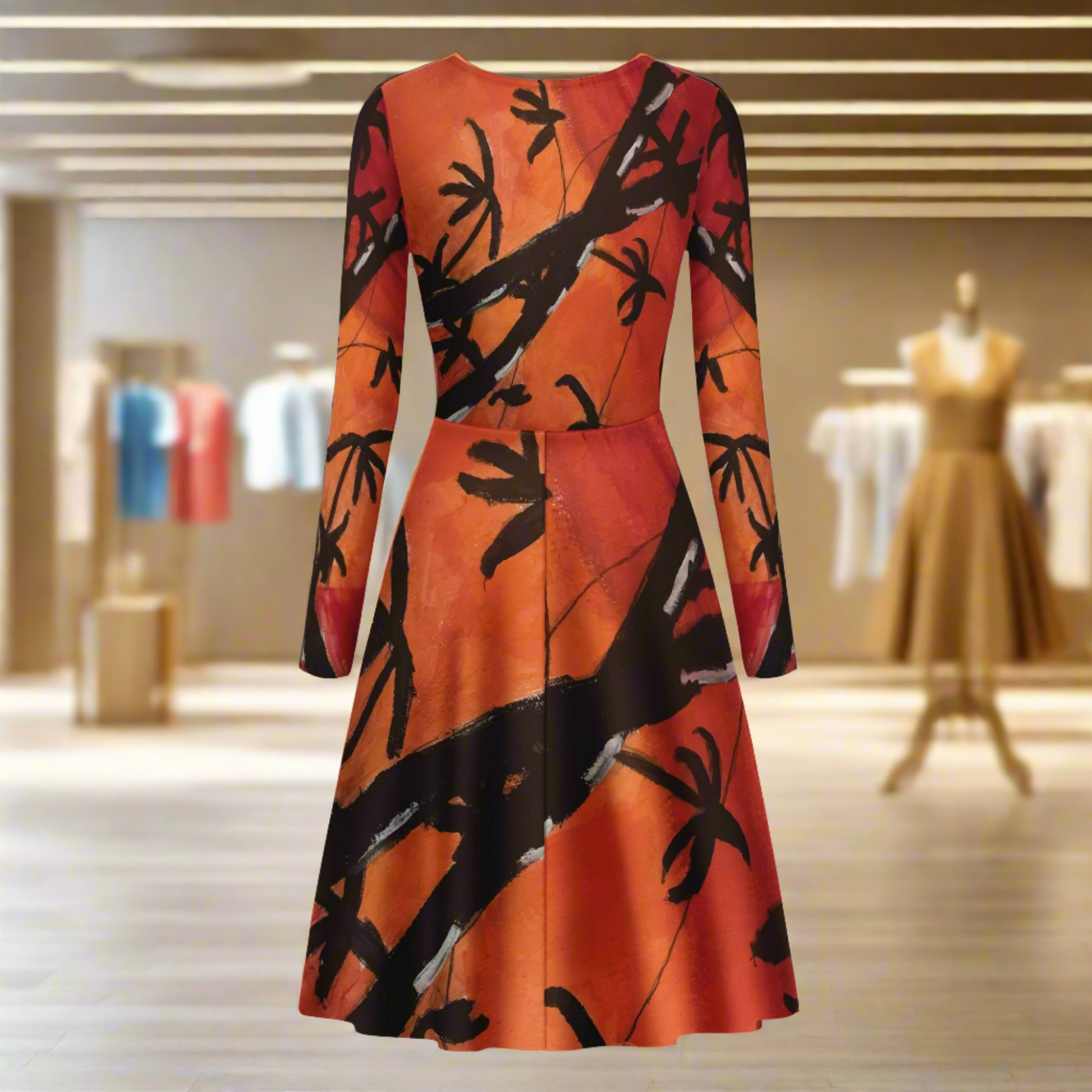 Bamboo at Sunset Women Scoop Neck Long Sleeve Ruffle Dress