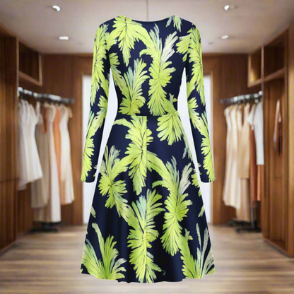 Palm Fronds Long Sleeve Scoop Neck Ruffle Dress - Women's Dress