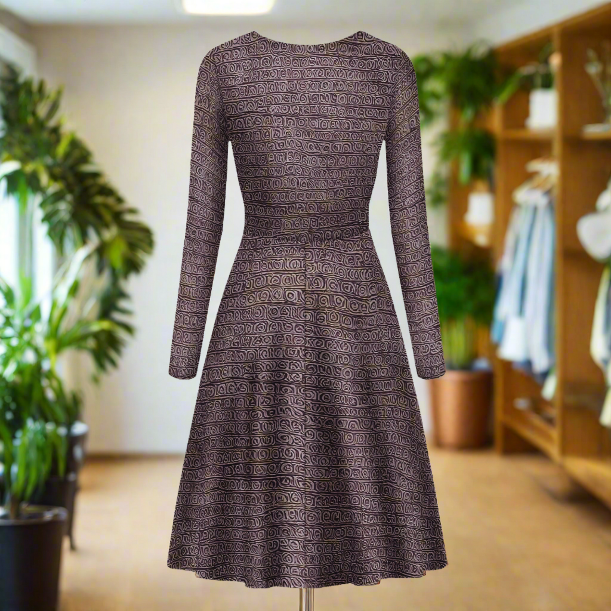 African Ethnic Mudcloth Long Sleeve Scoop Neck Ruffle Dress - Women's Custom Dress