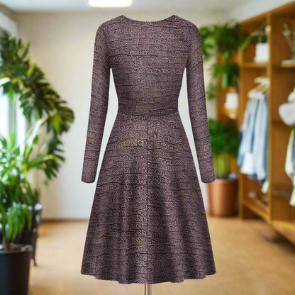 African Ethnic Mudcloth Long Sleeve Scoop Neck Ruffle Dress - Women's Custom Dress