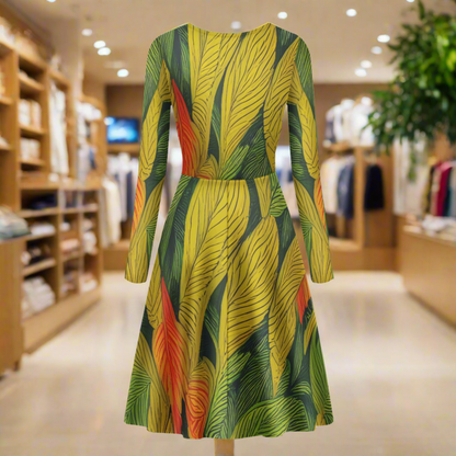 Green, Yellow, orange Leaves Long Sleeve Scoop Neck Ruffle Dress - Women's Custom Dress