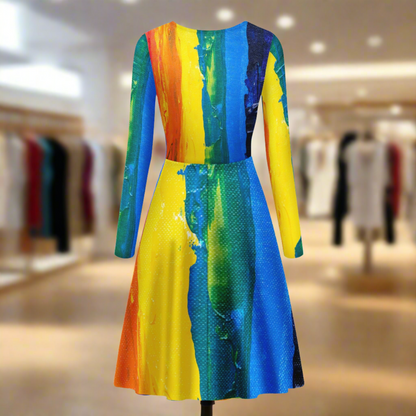 Rainbow Painting Women Scoop Neck Long Sleeve Ruffle Dress
