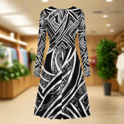 Black and White Polynesian Long Sleeve Scoop Neck Ruffle Dress - Women's Custom Dress