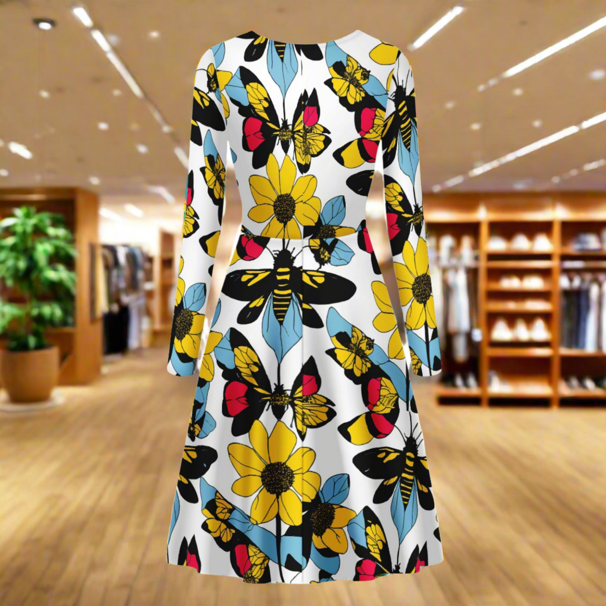 Bees and Sunflowers Long Sleeve Scoop Neck Ruffle Dress - Women's Custom Dress