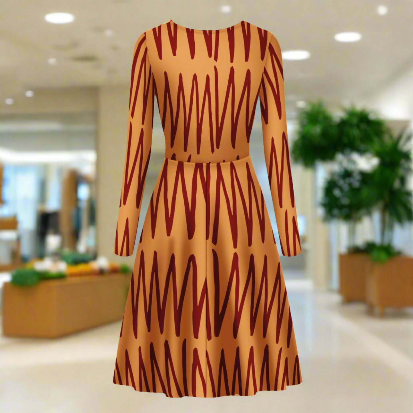 African Ethnic Mudcloth Orange Long Sleeve Scoop Neck Ruffle Dress - Women's Custom Dress
