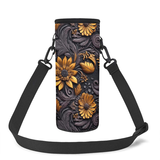 Gold Flowers Woodcut Large Water Bottle Carrier Bag