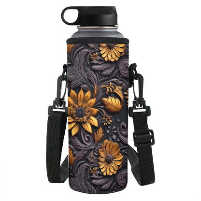 Gold Flowers Woodcut Large Water Bottle Carrier Bag
