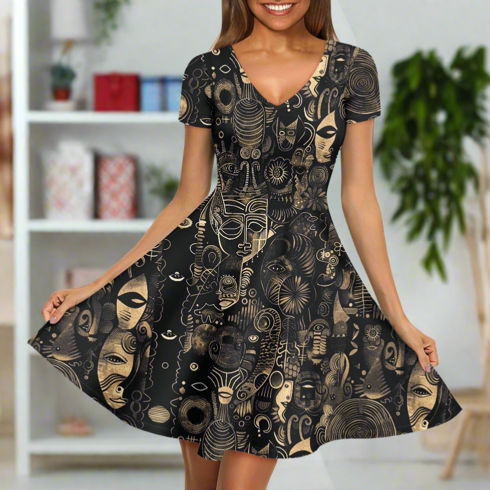 Black and Beige Women V-Neck Short Sleeve Ruffle Dress with Afrofuturism Touches