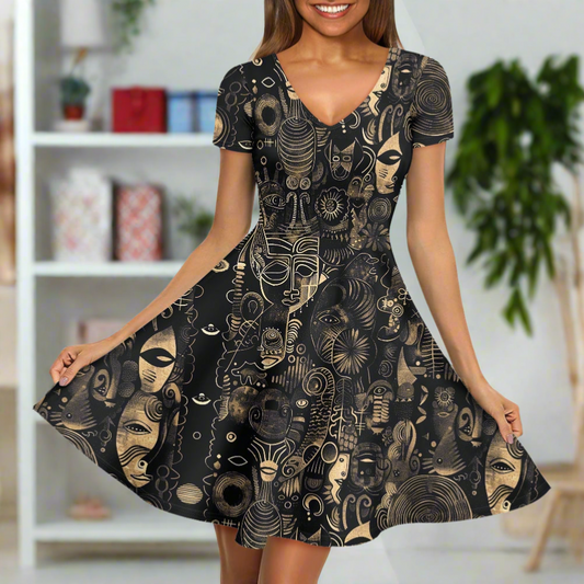 Black and Beige Women V-Neck Short Sleeve Ruffle Dress with Afrofuturism Touches