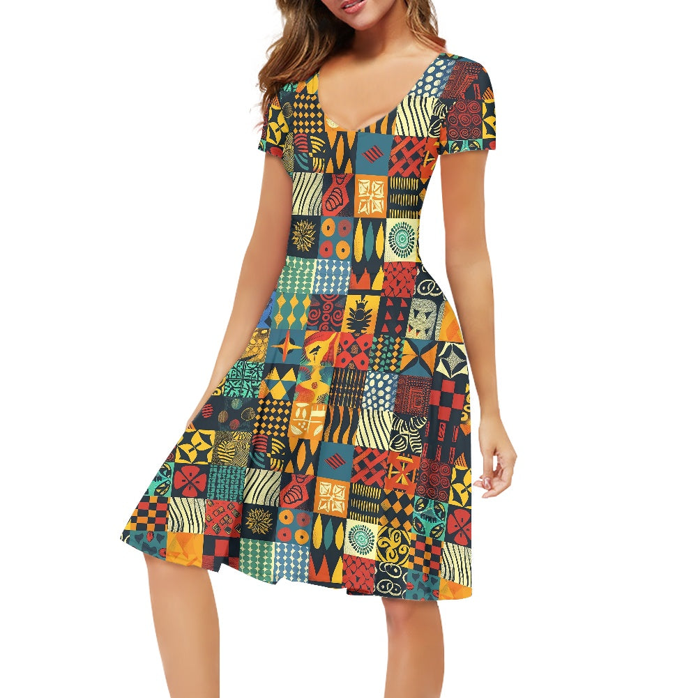 Women V-Neck Short Sleeve Ruffle Dress