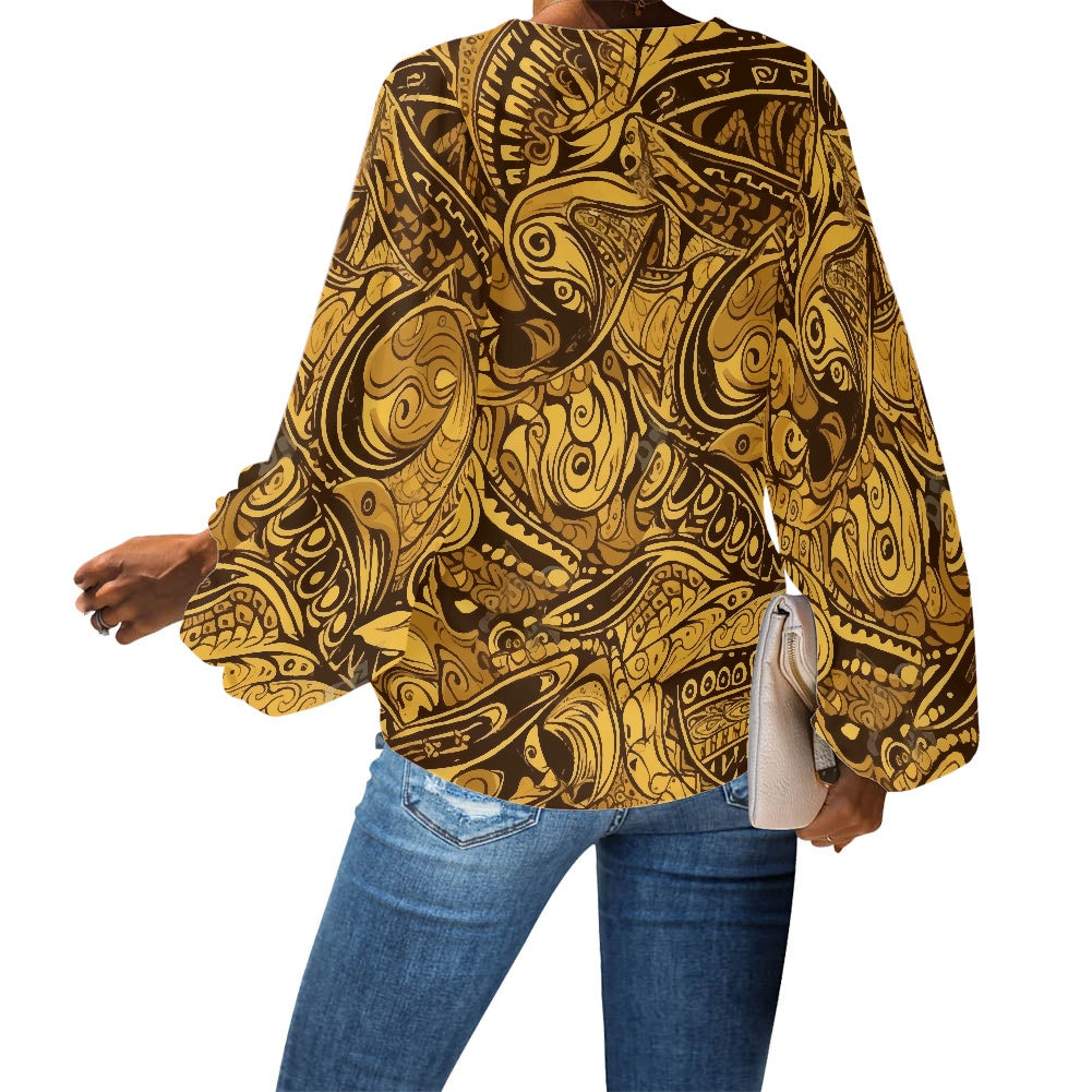 African Ethnic Animal Motif V-Neck Chiffon Puff Sleeve Blouse by Luxtrini