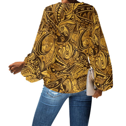 African Ethnic Animal Motif V-Neck Chiffon Puff Sleeve Blouse by Luxtrini
