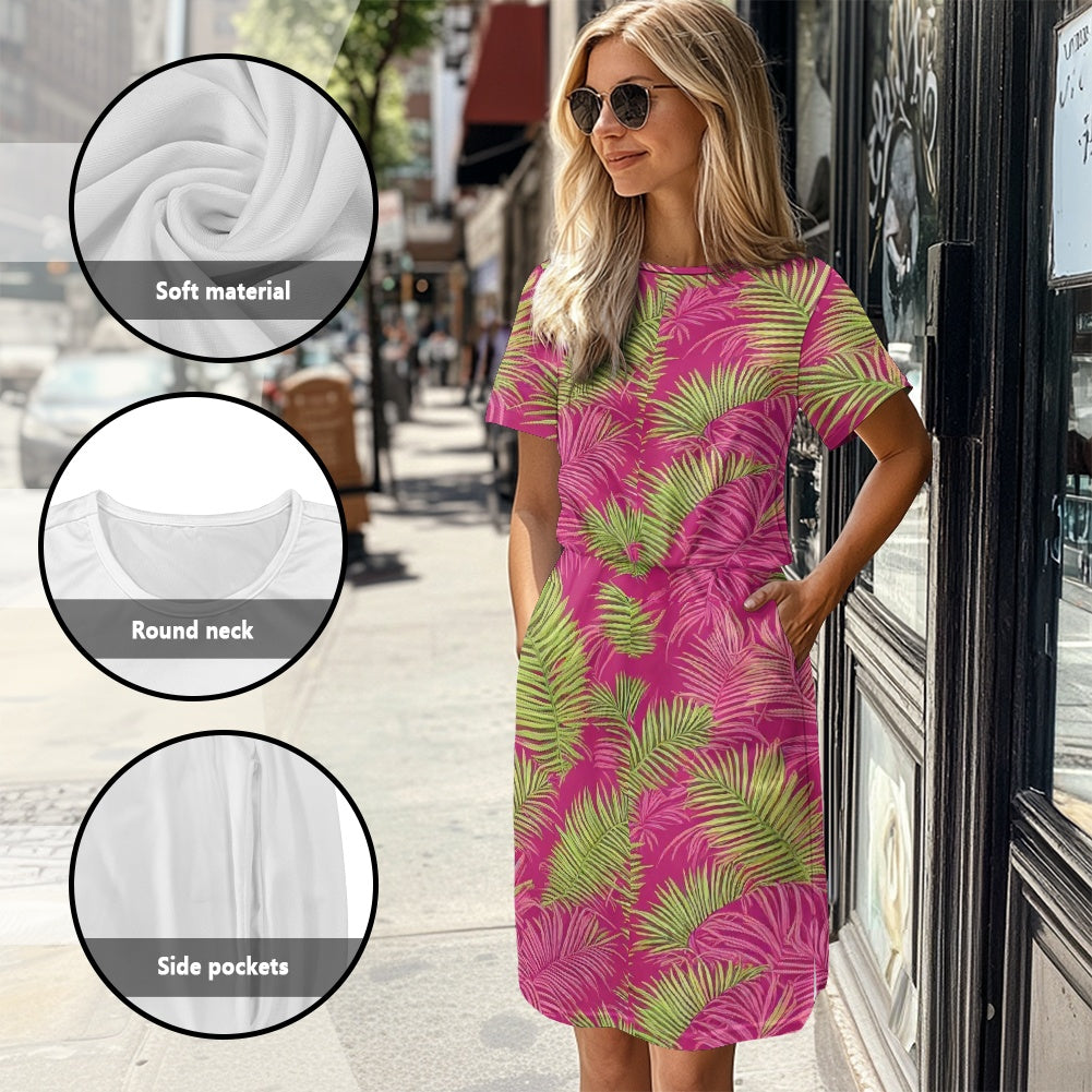 Casual Short Sleeve Printed Dress with Pockets
