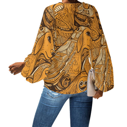 African Ethnic Dog pattern V-Neck Chiffon Puff Sleeve Blouse by Luxtrini
