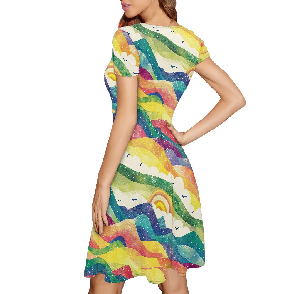 Women Scoop Neck Short Sleeve Ruffle Dress