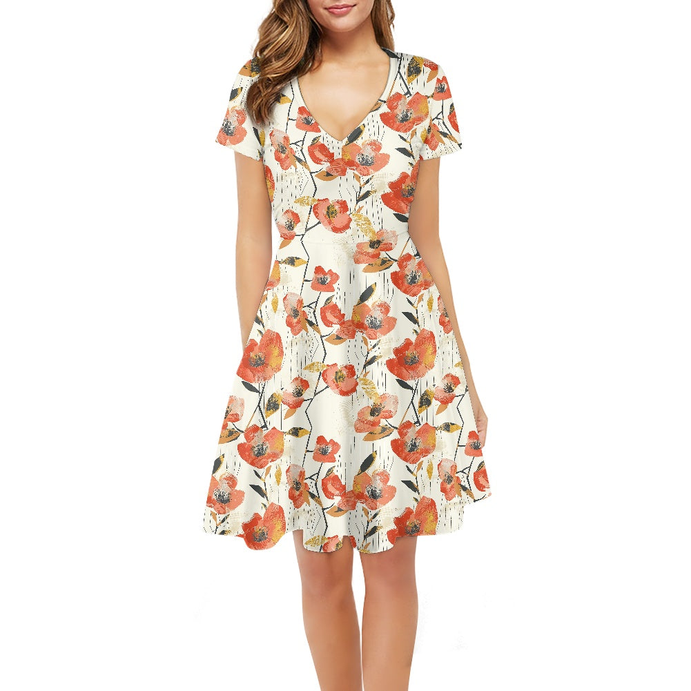 Women V-Neck Short Sleeve Ruffle Dress