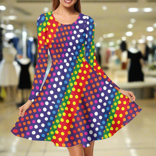 LGBTQ-Friendly Rainbow Polka Dot Long Sleeve Scoop Neck Dress by Luxtrini