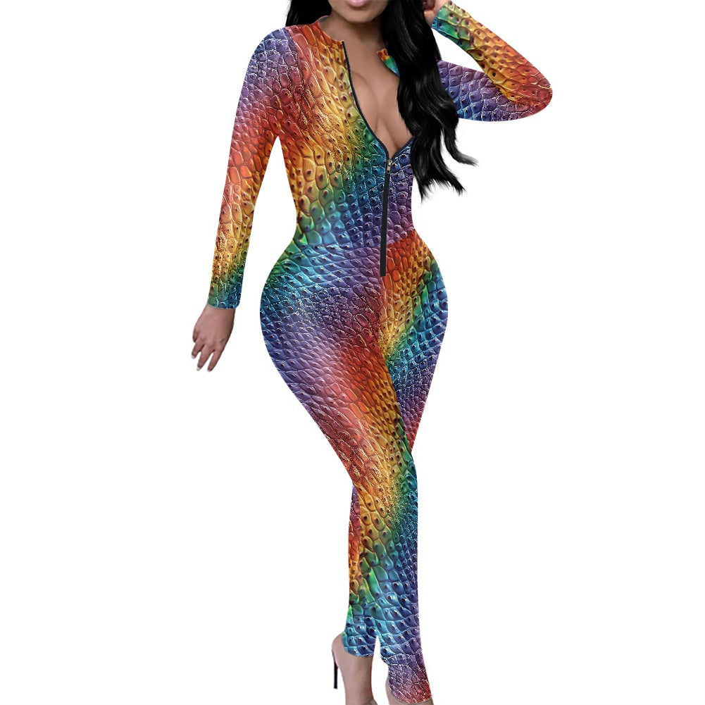 Unique Ostrich Skin pattern Rainbow Pride Women's Plunging Neck Jumpsuit