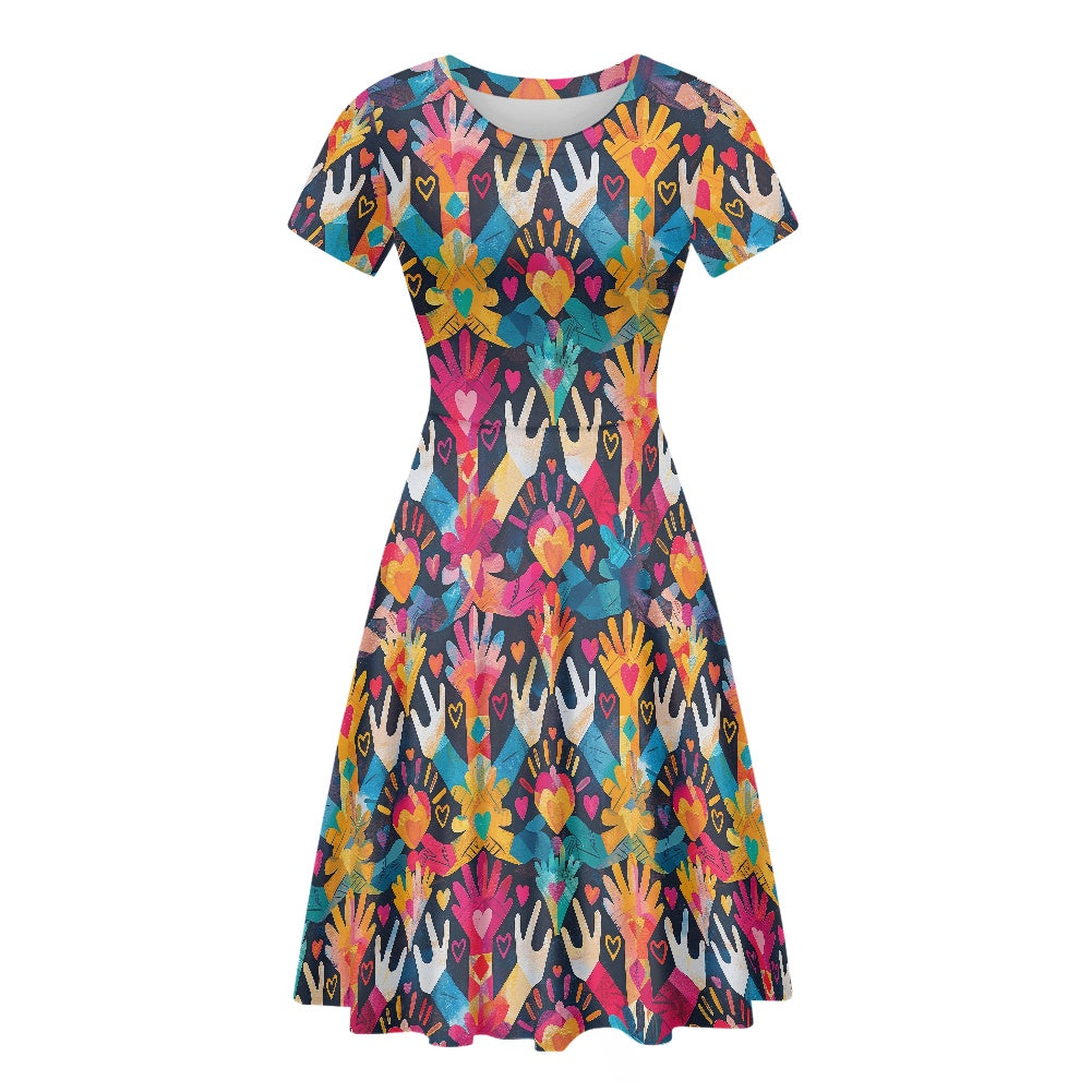 Women Scoop Neck Short Sleeve Ruffle Dress white