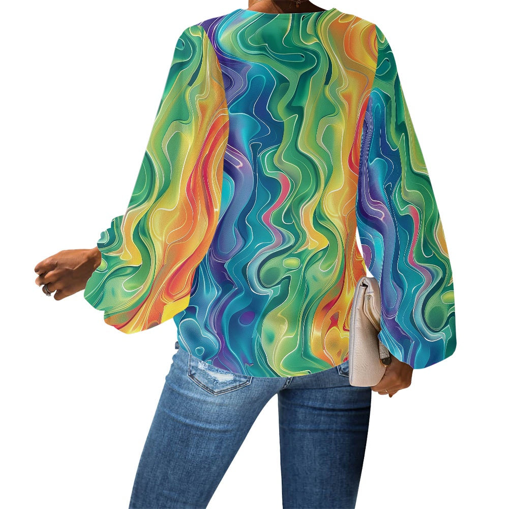 V-Neck Chiffon Puff Sleeve Blouse by Luxtrini