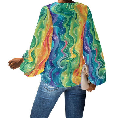 V-Neck Chiffon Puff Sleeve Blouse by Luxtrini