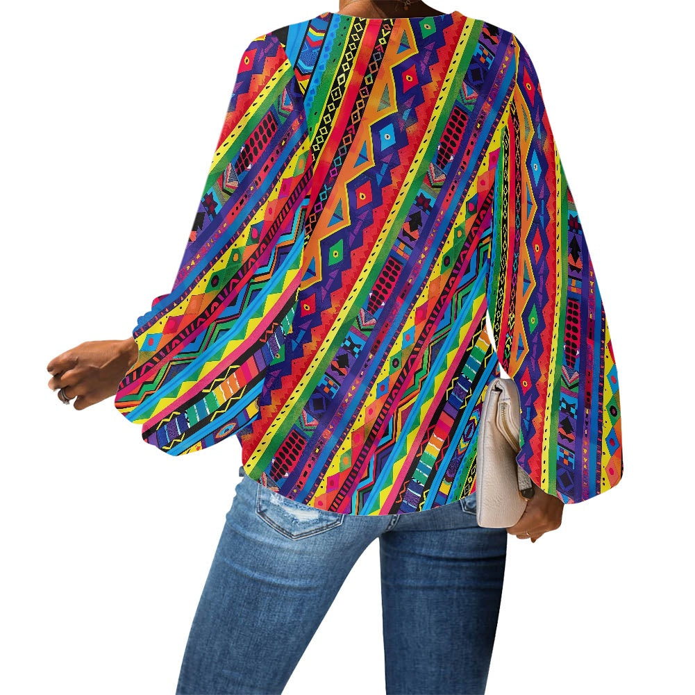 V-Neck Chiffon Puff Sleeve Blouse by Luxtrini