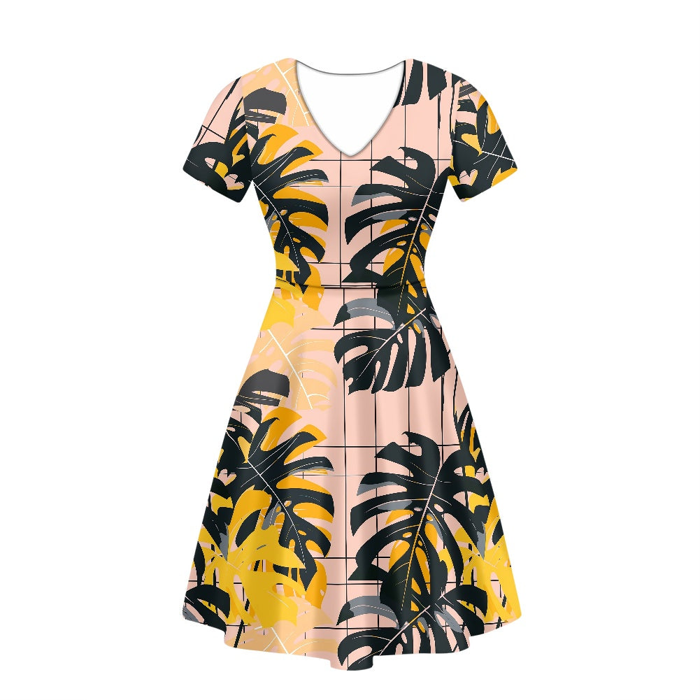 Tropical Monstera Women V-Neck Short Sleeve Ruffle Dress white