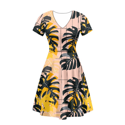 Tropical Monstera Women V-Neck Short Sleeve Ruffle Dress white