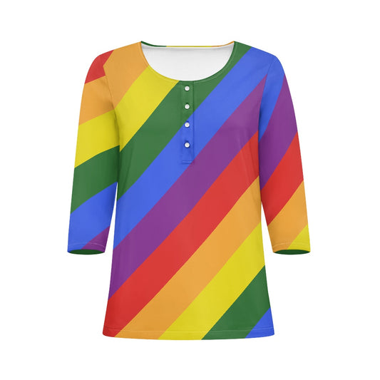 Rainbow Women's three quarter sleeve top(with buttons) white