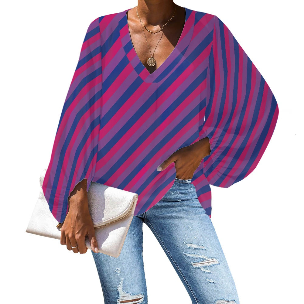 V-Neck Puff Sleeve Chiffon Blouse white