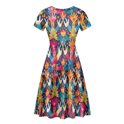 Women Scoop Neck Short Sleeve Ruffle Dress