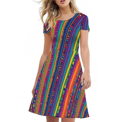 Luxtrini Womens Scoop Neck Short Sleeve Ruffle Dress with Ethnic Patterns and Rainbow Accents - Custom Handmade, Versatile and Stylish