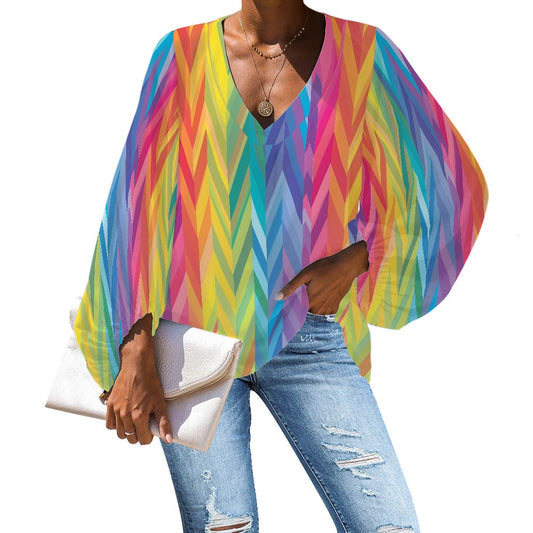 V-Neck Chiffon Puff Sleeve Blouse by Luxtrini 4XL