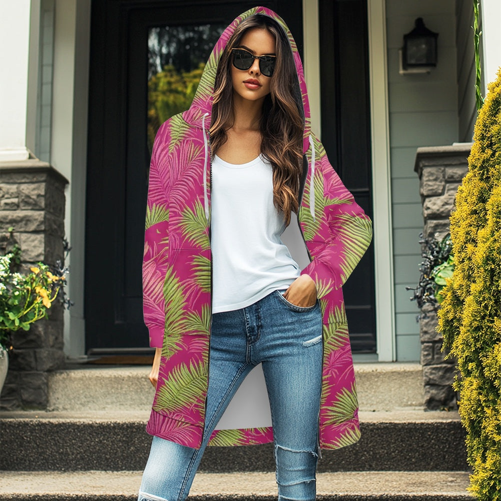 Women's mid-length hooded sweatshirt cardigan