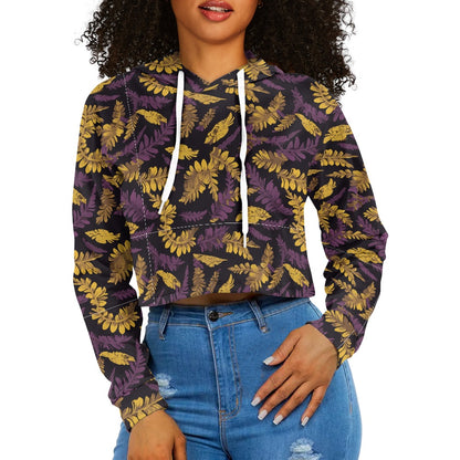 Women's midriff-baring sweatshirt - Purple & Gold Tropical
