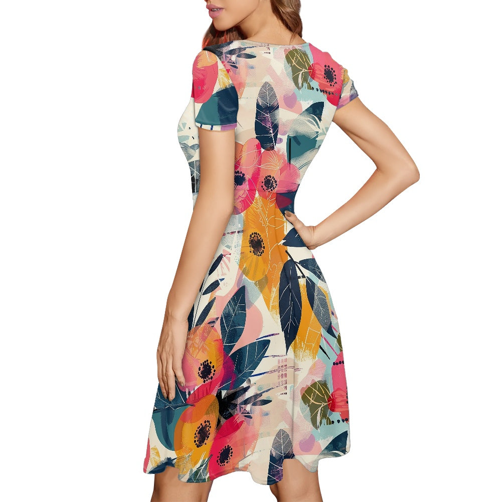 Women Scoop Neck Short Sleeve Ruffle Dress