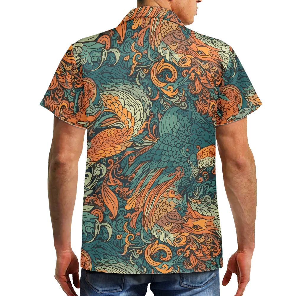 Luxtrini Men’s Dragon and Phoenix Aloha Shirt – Eco Hawaiian Button-Up with Artistic Mythology Print (2XS–7XL)