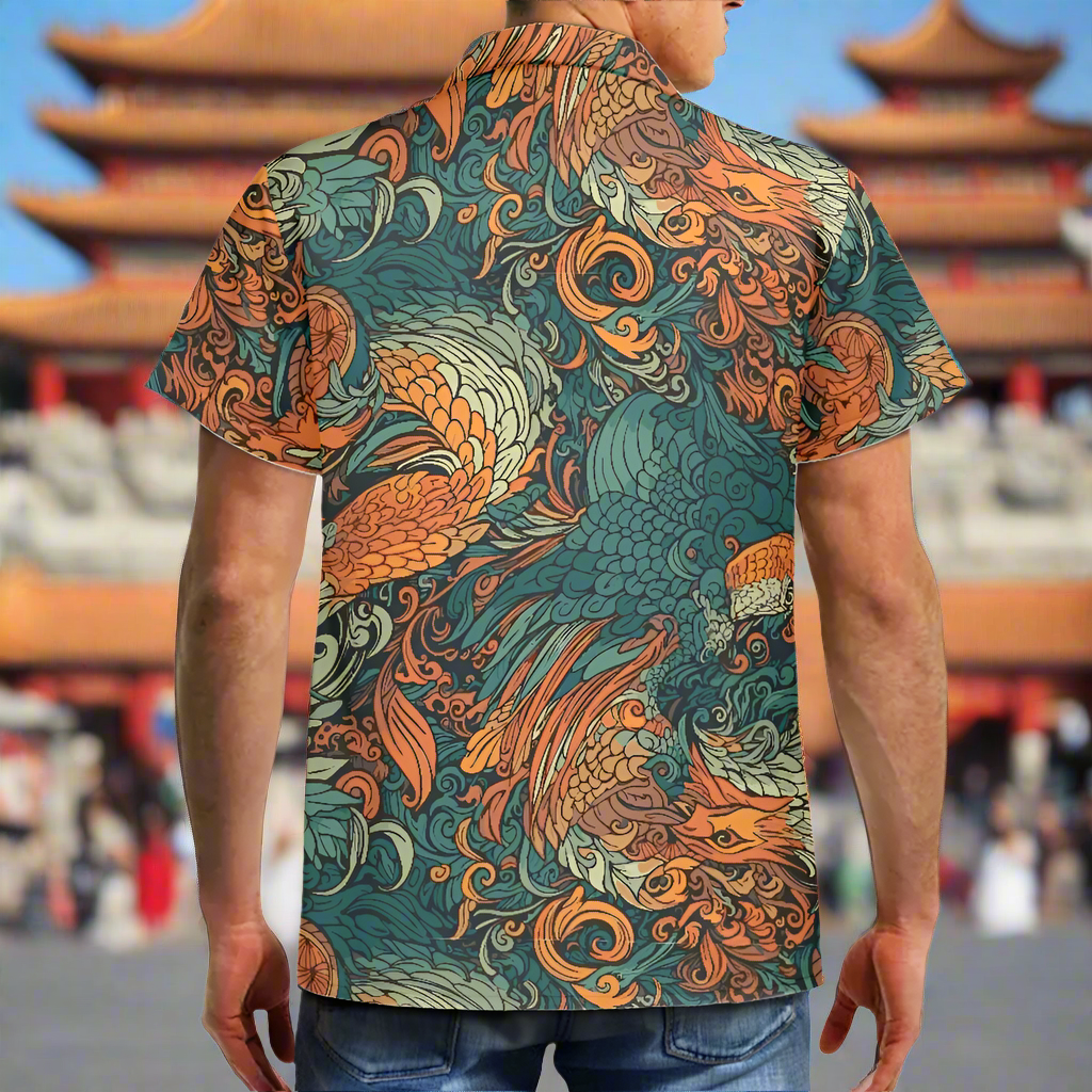 Luxtrini Men’s Dragon and Phoenix Aloha Shirt – Eco Hawaiian Button-Up with Artistic Mythology Print (2XS–7XL)