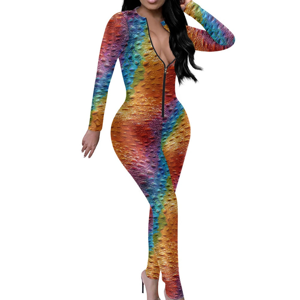 Unique Ostrich Skin pattern Rainbow Pride Women's Plunging Neck Jumpsuit