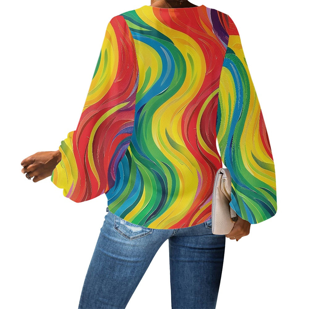 Vibrant Rainbow Wave V-Neck Chiffon Puff Sleeve Blouse by Luxtrini