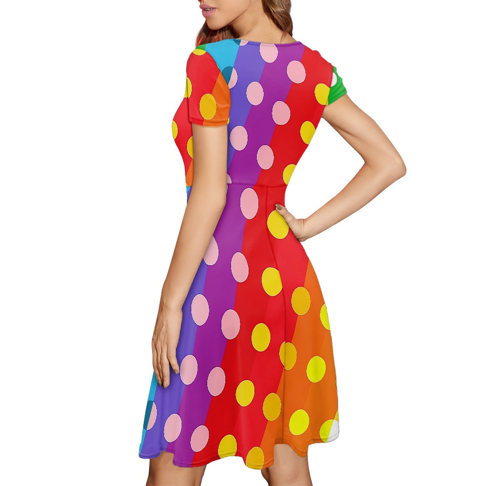 Rainbow Polka Dot Women Scoop Neck Short Sleeve Ruffle Dress