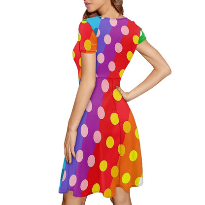 Rainbow Polka Dot Women Scoop Neck Short Sleeve Ruffle Dress