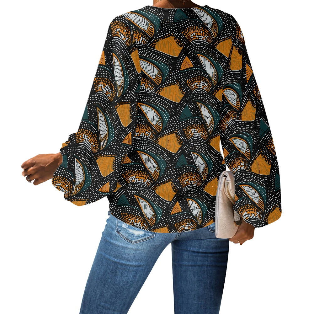 African Ethnic V-Neck Chiffon Puff Sleeve Blouse by Luxtrini