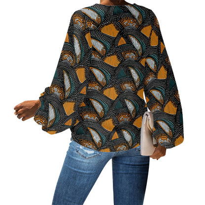 African Ethnic V-Neck Chiffon Puff Sleeve Blouse by Luxtrini