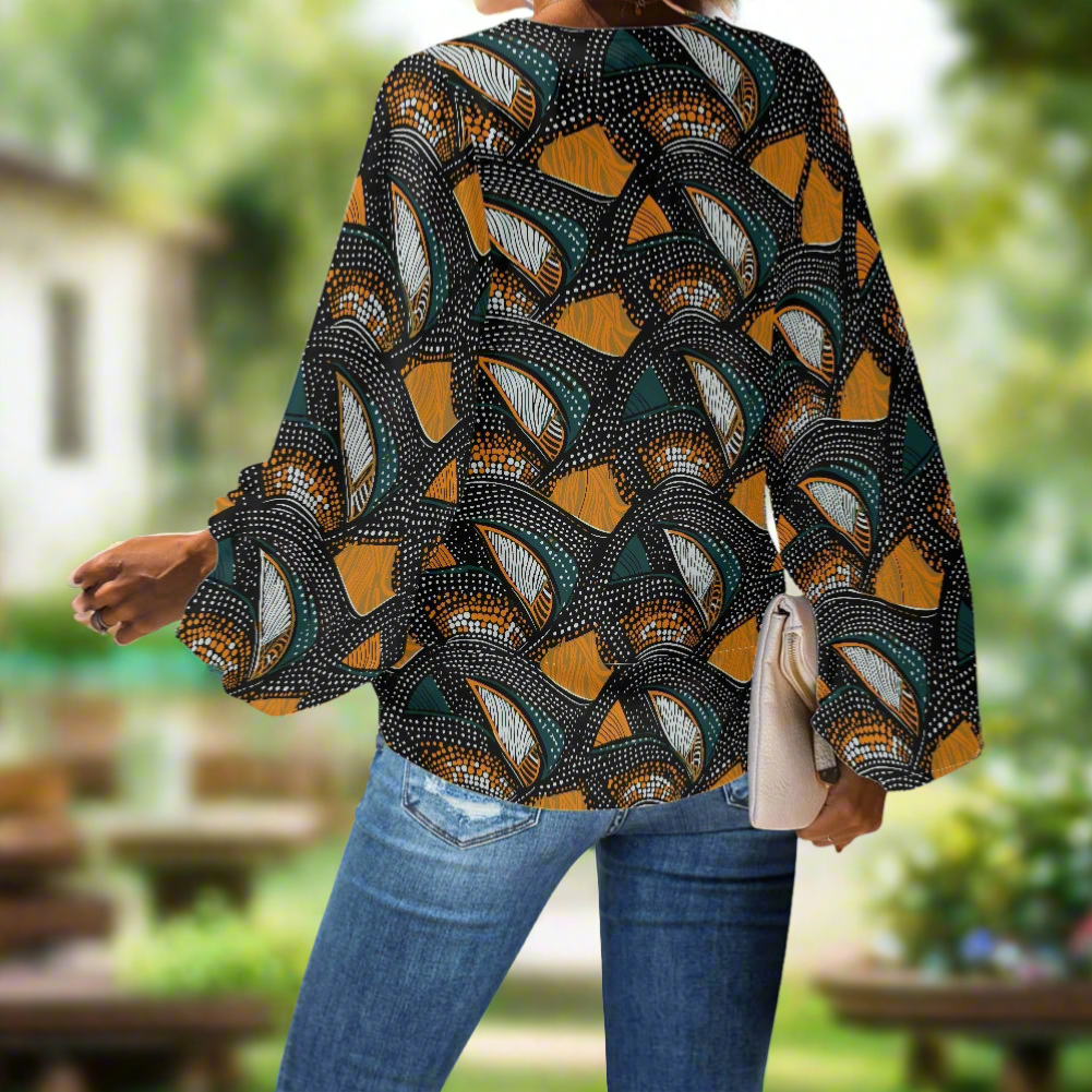 African Ethnic V-Neck Chiffon Puff Sleeve Blouse by Luxtrini